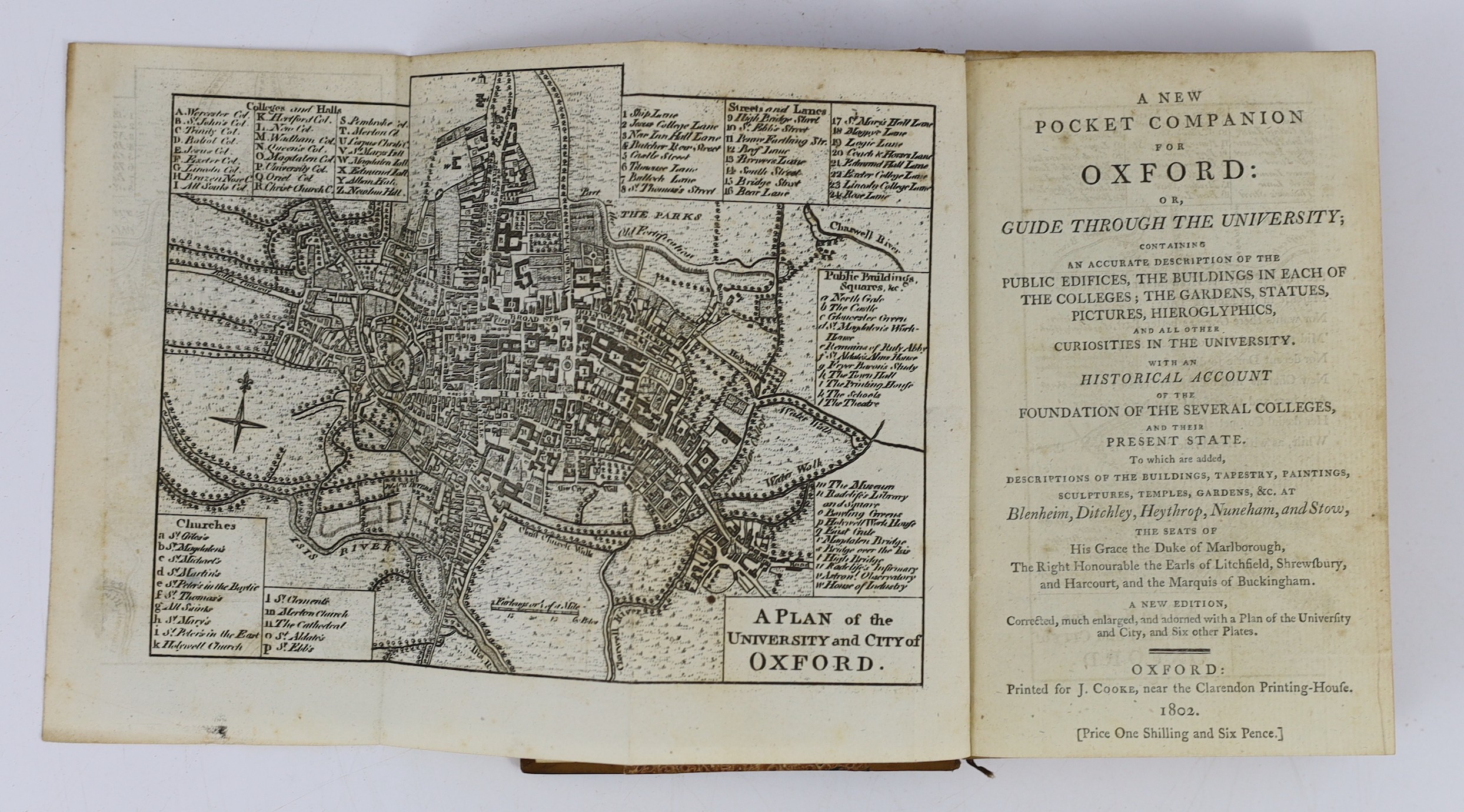 OXON: A New Pocket Companion for Oxford: or, Guide through the University....to which are added, Descriptions (of)....Blenheim, Ditchley, Heythrop, Nuneham, and Stour....new edition, corrected (etc.) folded plan and 6 pl